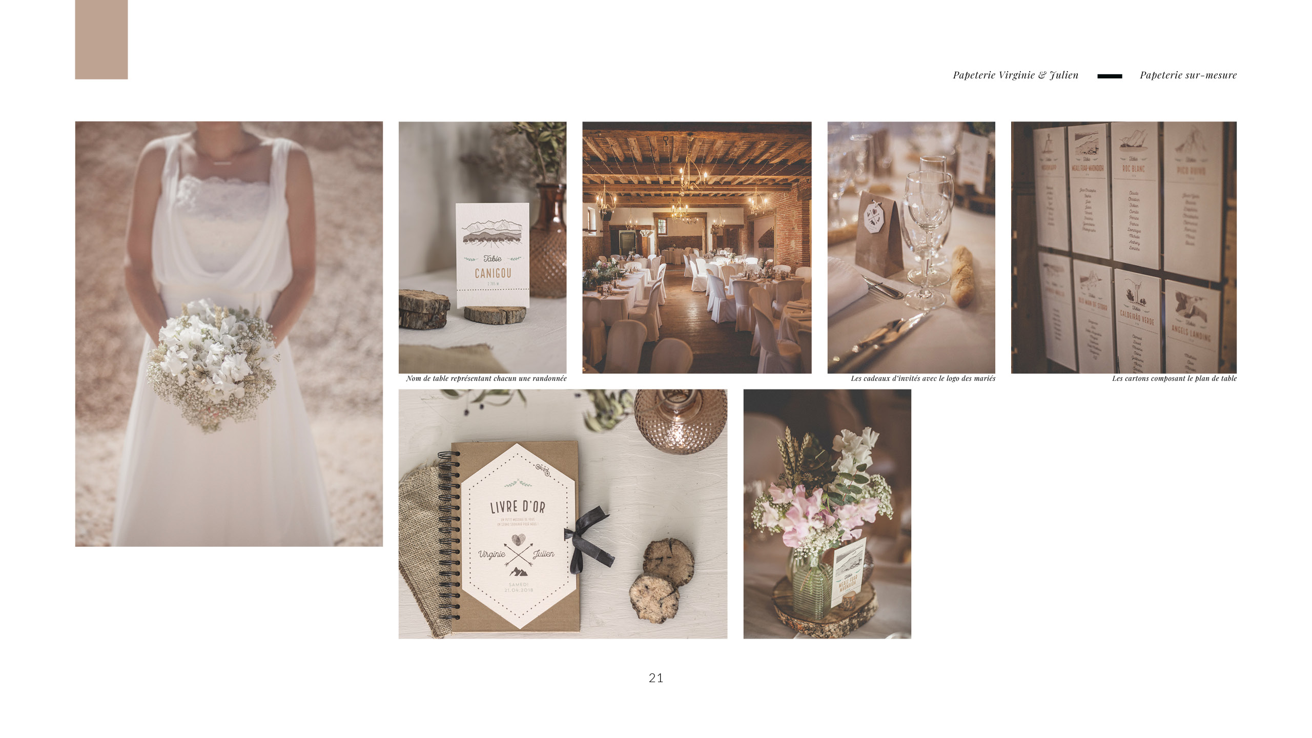 Ce design a ensuite été décliné pour l’ensemble de la papeterie du mariage : plan de table, étiquettes pour les cadeaux invités, livre d’or et urne