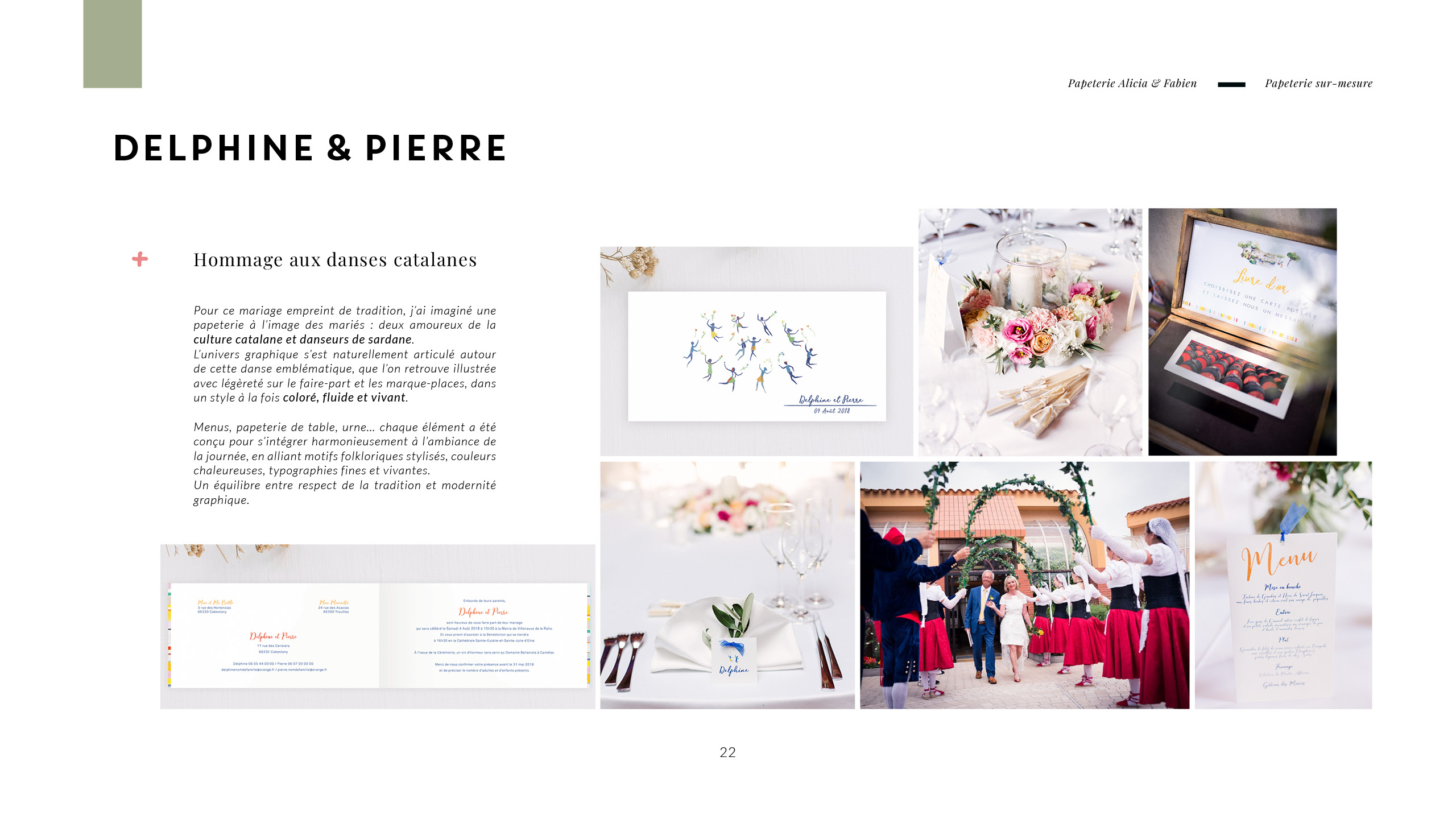 Second faire-part. Pour ce mariage empreint de tradition, j’ai imaginé une papeterie à l’image des mariés : deux amoureux de la culture catalane et danseurs de sardane.<br />
L’univers graphique s’est articulé autour de cette danse emblématique, que l’on retrouve illustrée avec légèreté sur le faire-part et les marque-places, dans un style à la fois coloré, fluide et vivant.