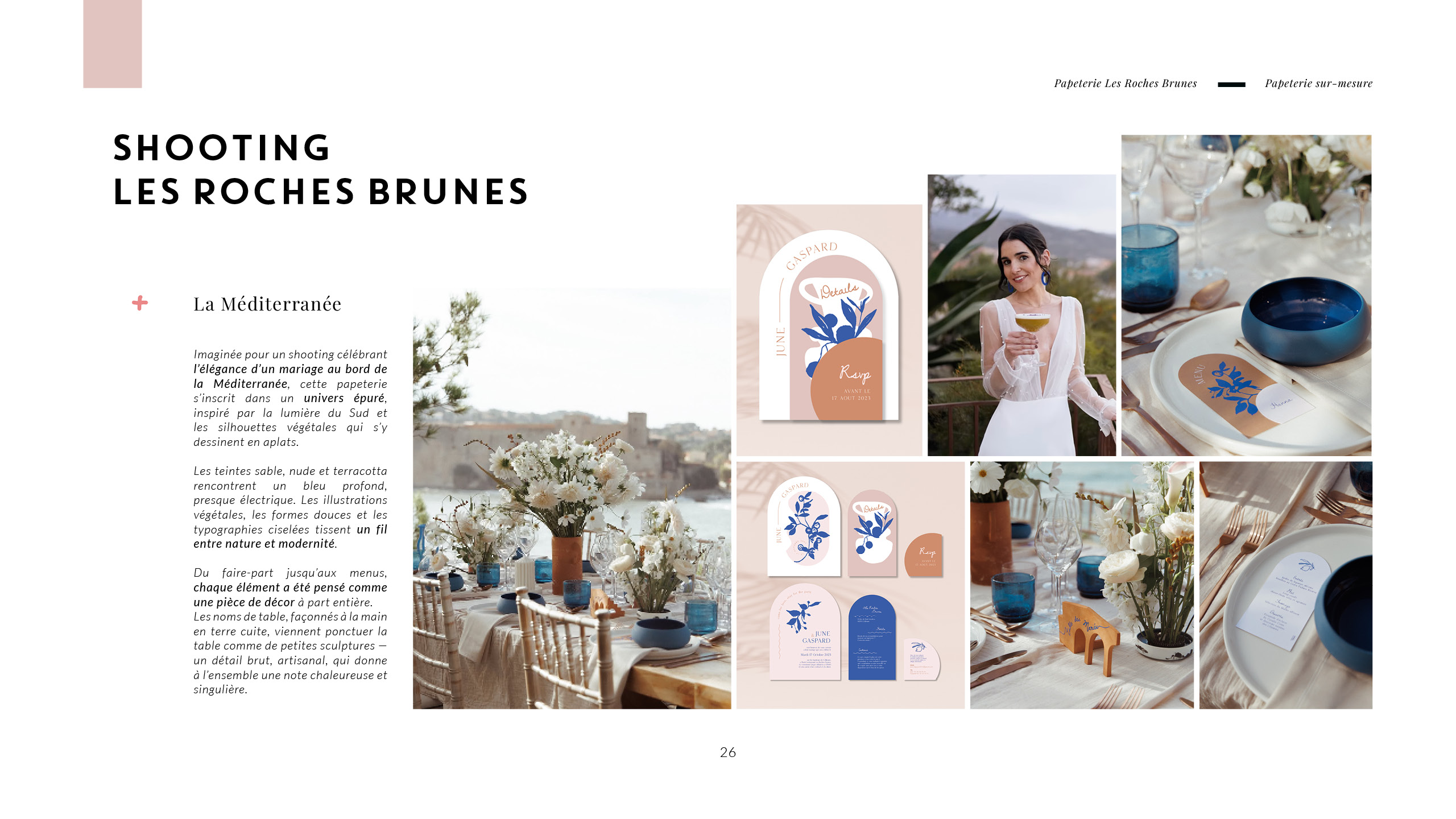 Dernier faire-part. Imaginée pour un shooting aux Roches Brunes à Collioure célébrant l’élégance d’un mariage au bord de la Méditerranée, cette papeterie s’inscrit dans un univers épuré, inspiré par la lumière du Sud et les silhouettes végétales qui s’y dessinent en aplats. Du faire-part jusqu’aux menus, chaque élément a été pensé comme une pièce de décor à part entière.