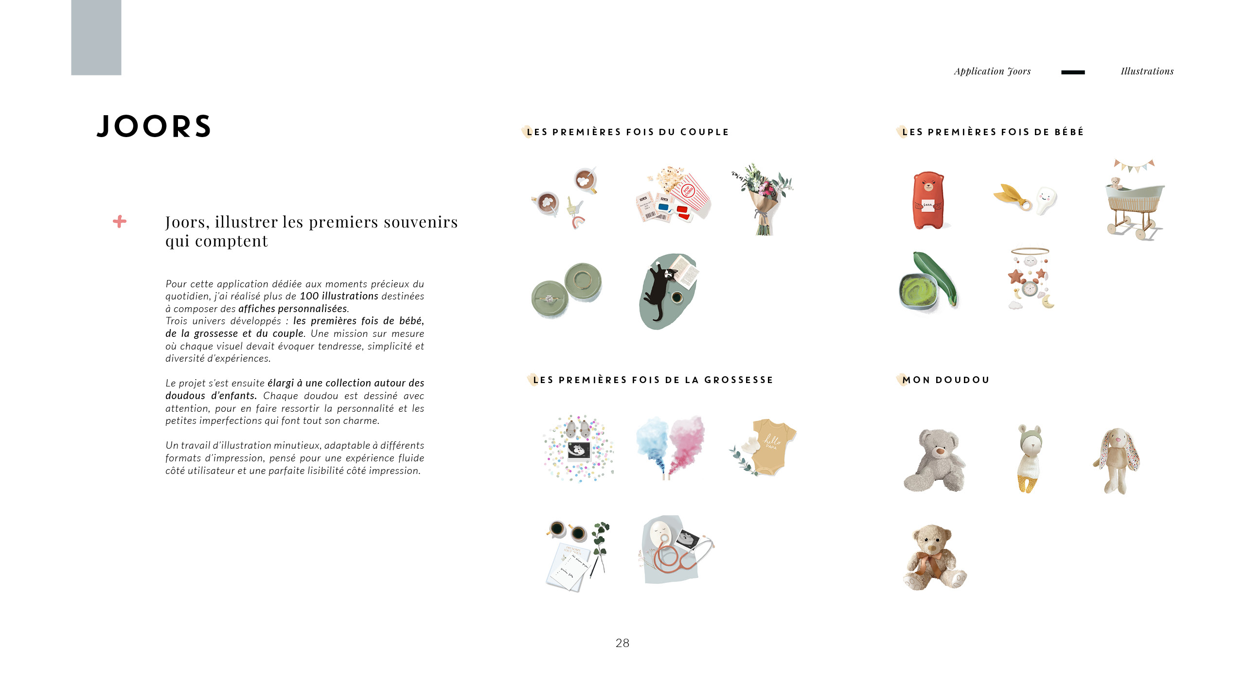 Présentation du projet "Jours" ou illustrer les premiers souvenirs<br />
qui comptent. Pour cette application dédiée aux moments précieux du quotidien, j’ai réalisé plus de 100 illustrations destinées à composer des affiches personnalisées.<br />
Trois univers développés : les premières fois de bébé, de la grossesse et du couple. Une mission sur mesure où chaque visuel devait évoquer tendresse, simplicité et diversité d’expériences.