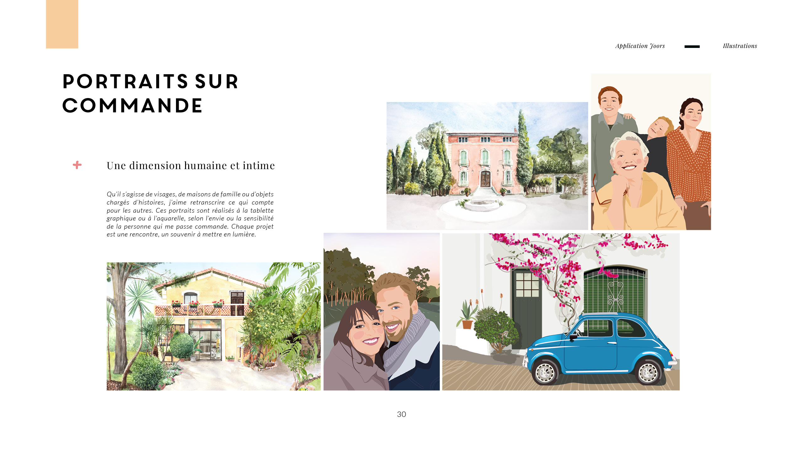 Portraits sur commande. Qu’il s’agisse de visages, de maisons de famille ou d’objets chargés d’histoires, j’aime retranscrire ce qui compte pour les autres. Ces portraits sont réalisés à la tablette graphique ou à l’aquarelle, selon l’envie ou la sensibilité de la personne qui me passe commande. Chaque projet est une rencontre, un souvenir à mettre en lumière. On voit sur cette planche une maison de maître à l'aquarelle, une jolie Fiat 500 dans les rues de Cadaquès, le portait d'amoureux.<br />
