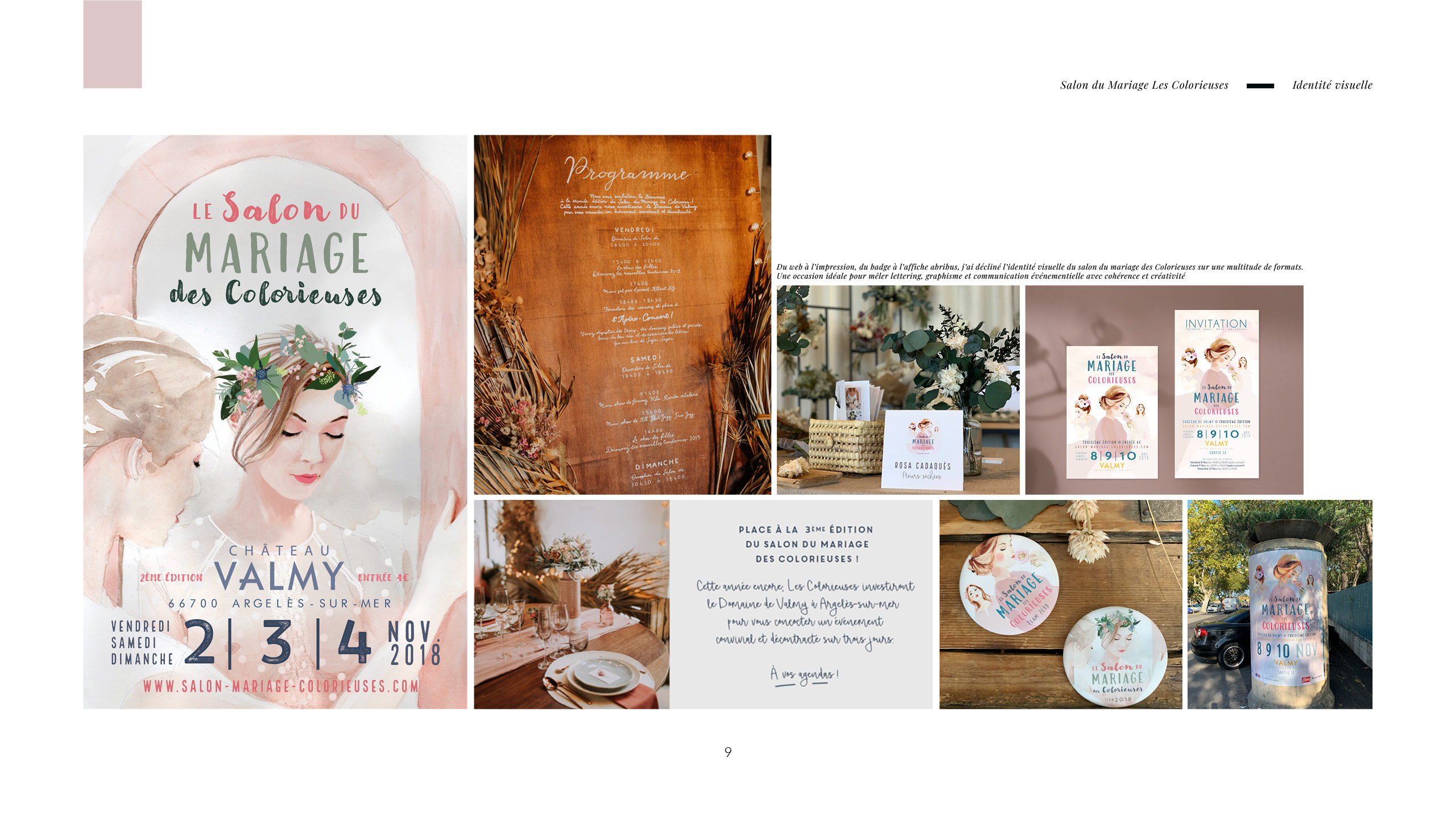 Présentation des illustrations et affiches et de tout l'univers visuel crée pour le Salon du Mariage des Colorieuses au Château Valmy